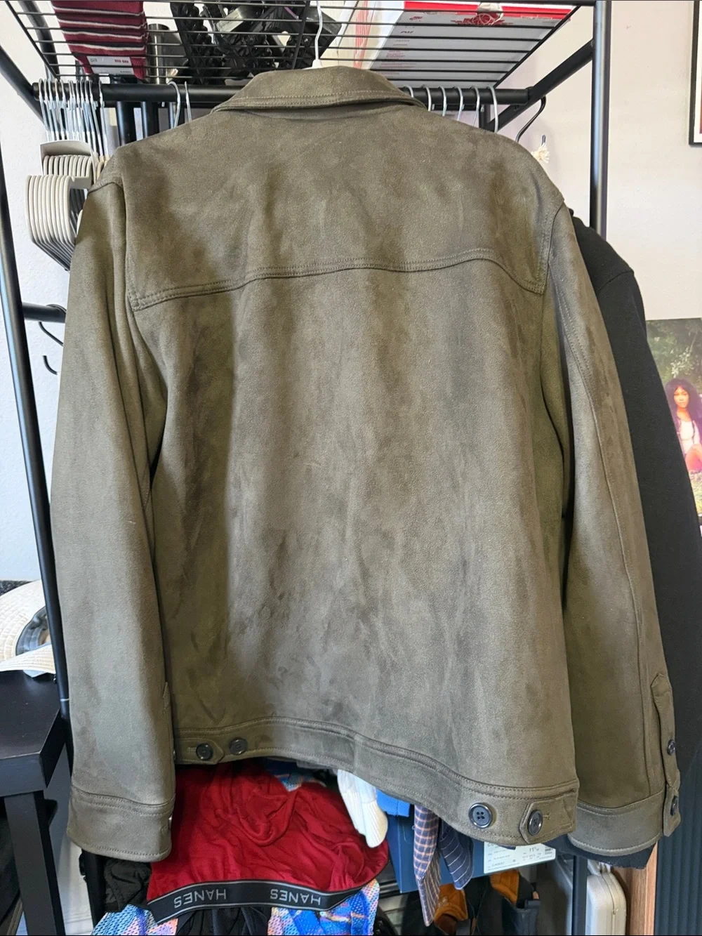 Men's Vegan Suede Button-Up Jacket in Olive Green